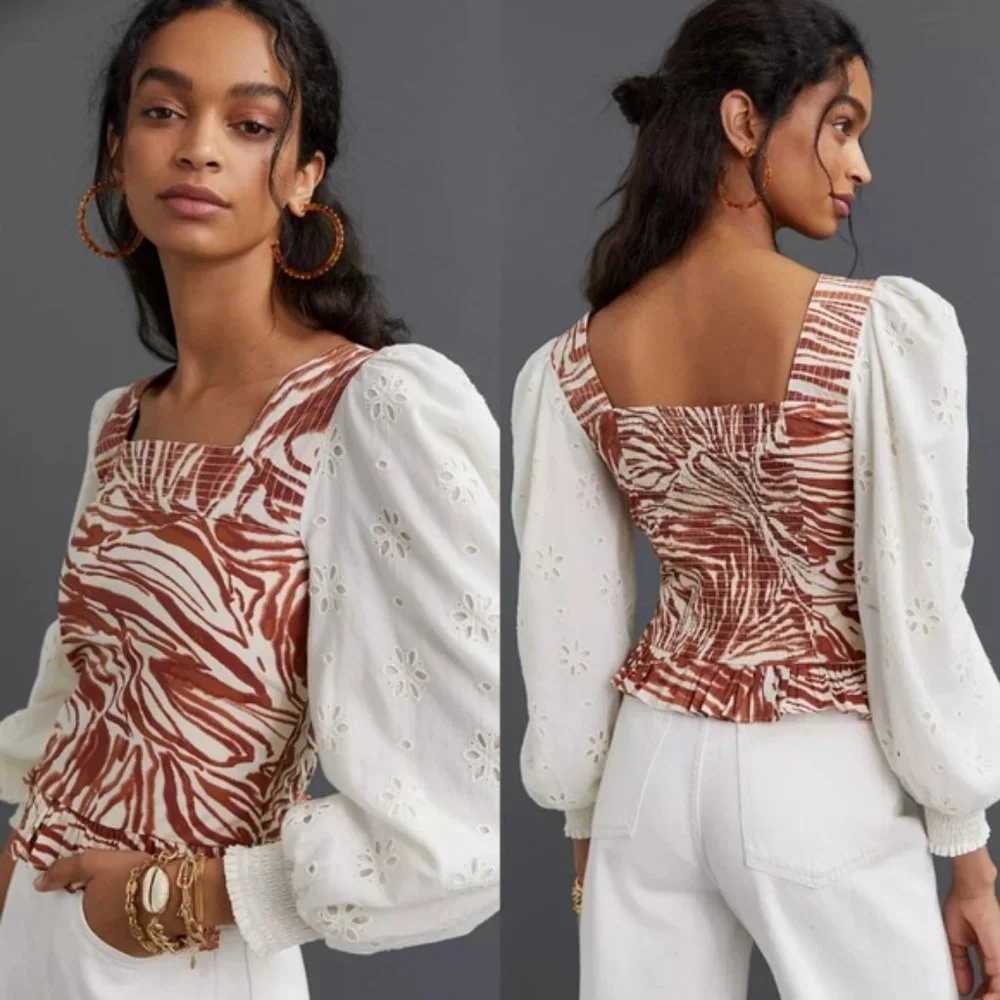 Anthro. Love the Label Smocked Zebra Blouse with Eyelet Puff Sleeves, M - Picture 1 of 15